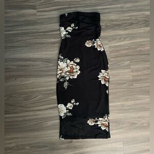 Strapless black midi dress with tan flowers